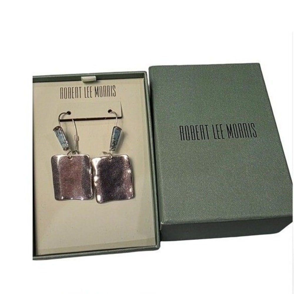 Robert Lee Morris RLM Soho Silver Tone Hammered Square Drop Earrings Blue Stone
